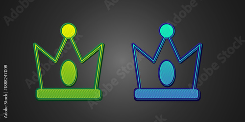 Green and blue King crown icon isolated on black background. Vector