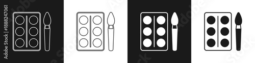 Set Watercolor paints in box with paint brush icon isolated on black and white background. Vector