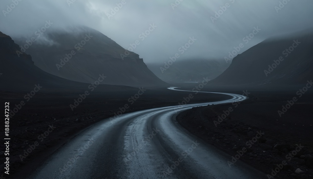 Naklejka premium Curvy wet road winds through dark Icelandic highlands under moody sky. Remote land offers epic journey through volcanic terrain, mist shrouded mountains.