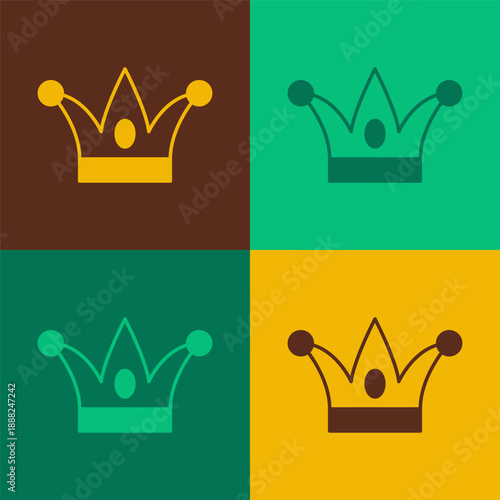 Pop art Jester hat with bells isolated on color background. Clown icon. Amusement park funnyman sign. Vector