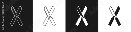 Set Gardening handmade scissors for trimming icon isolated on black and white background. Pruning shears with wooden handles. Vector