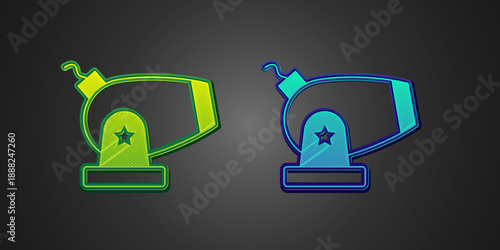 Green and blue Cannon icon isolated on black background. Vector