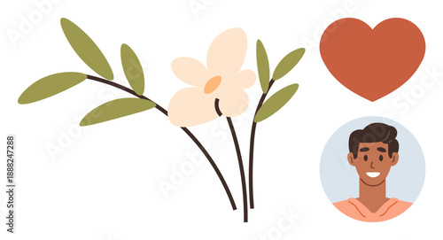 Love, nature, human connection, positivity, relationships, emotions. A flower branch, heart symbol and person with a smile. Love and nature in harmony and connection