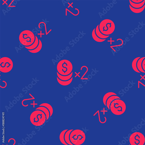Red Casino chip with dollar symbol icon isolated seamless pattern on blue background. Casino gambling. Vector