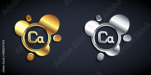 Gold and silver Calcium chemical element icon isolated on isolated on black background. Long shadow style. Vector