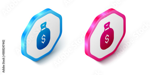 Isometric Money bag icon isolated on white background. Dollar or USD symbol. Cash Banking currency sign. Hexagon button. Vector