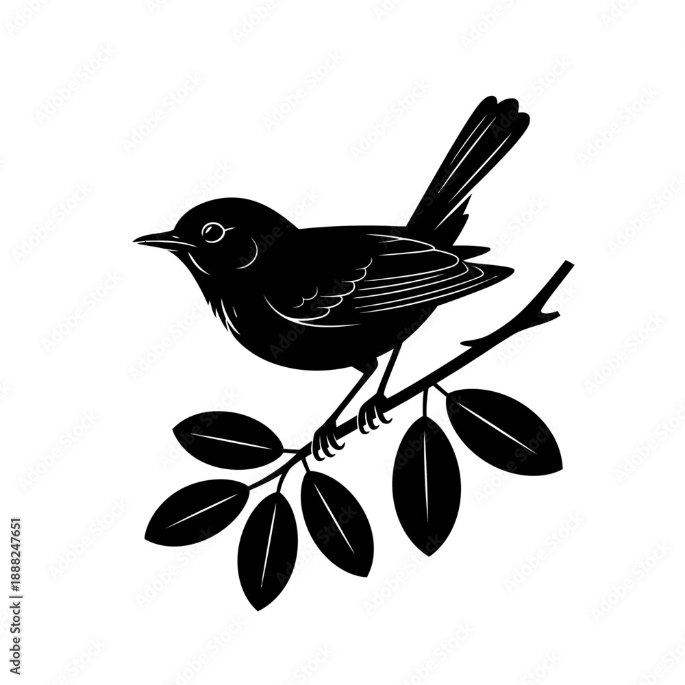 Fototapeta premium A simple black silhouette of a bird perched on a branch with leaves