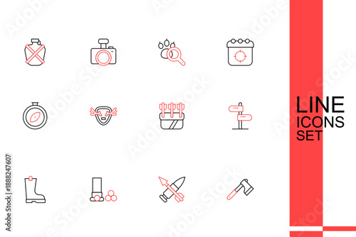 Set line Wooden axe, Crossed bullet with arrow, Cartridges, Waterproof rubber boot, Road traffic sign, Quiver arrows, Deer antlers on shield and Compass icon. Vector