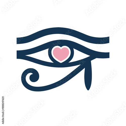 A stylized Eye of Horus symbol is presented, incorporating a pink heart at its center.