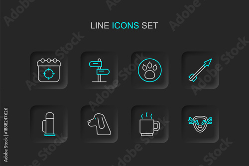 Set line Deer antlers on shield, Coffee cup, Hunting dog, Thermos container, Medieval arrow, Paw search, Road traffic sign and Target sport icon. Vector