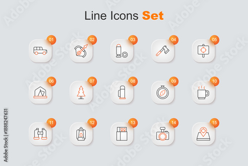 Set line Hunt place, Photo camera, Open matchbox and matches, Camping lantern, Binoculars, Coffee cup, Compass and Thermos container icon. Vector