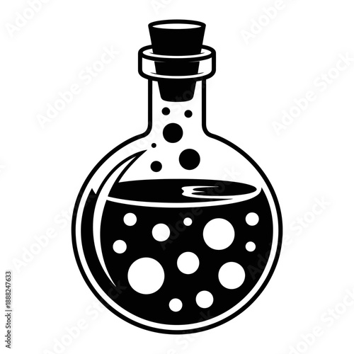 A black illustration of a classic round-bottom flask filled with a liquid, featuring bubble details.