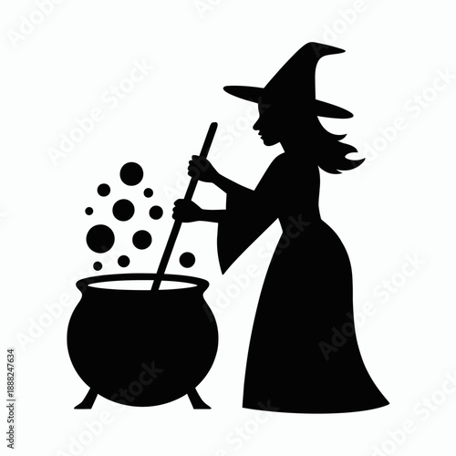 Silhouette of a witch with a pointed hat is seen stirring a bubbling cauldron.