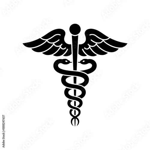 The image features the caduceus symbol, consisting of two snakes wrapped around a staff with wings at the top