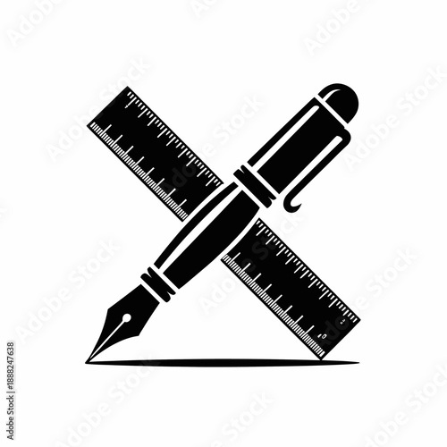 A black fountain pen and a ruler form an X