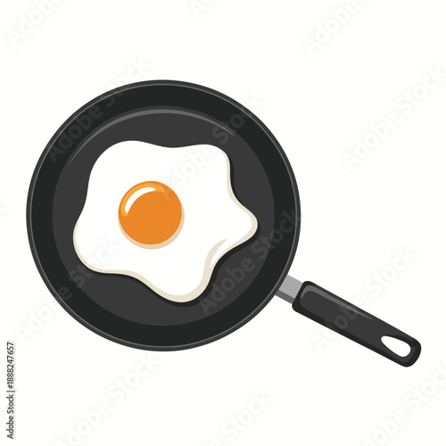 A minimalist illustration of a fried egg in a black frying pan against a white background.