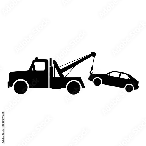 A minimalistic silhouette showing a tow truck pulling a car