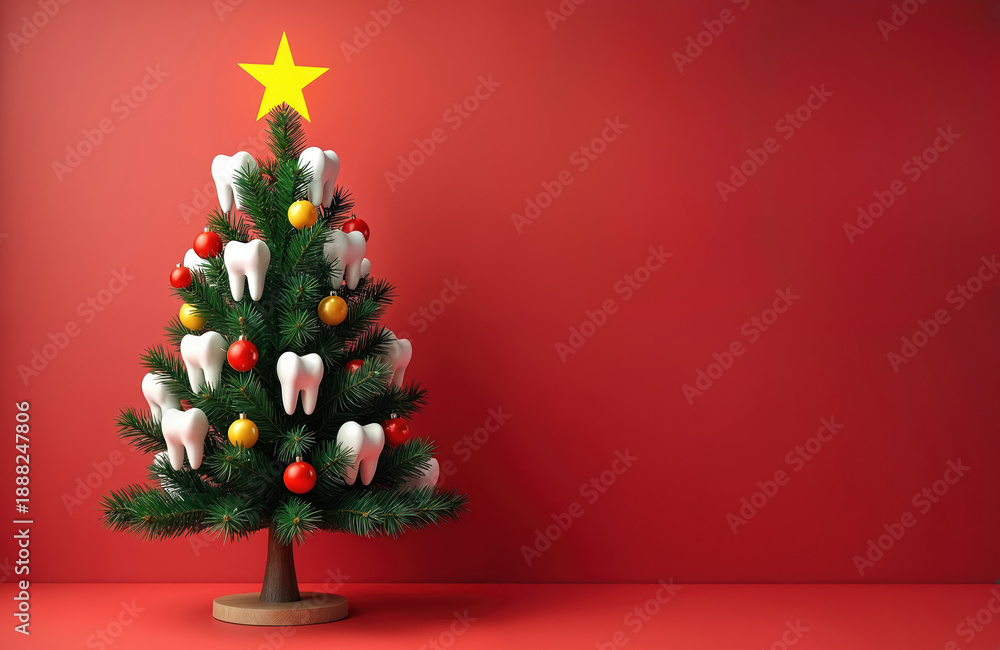 Fototapeta premium A small evergreen tree is decorated with human teeth ornaments and red and gold baubles. A yellow star sits atop the festive fir. This humorous dental concept for Christmas and New Year holidays.