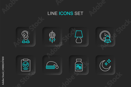 Set line Moon and stars, Sleeping pill, hat, Medical prescription, Alarm clock, Table lamp, Dream catcher with feathers and Earplugs ear icon. Vector