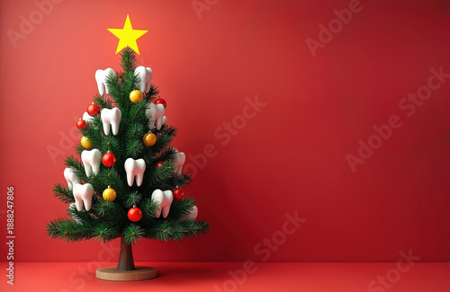 A small evergreen tree is decorated with human teeth ornaments and red and gold baubles. A yellow star sits atop the festive fir. This humorous dental concept for Christmas and New Year holidays.