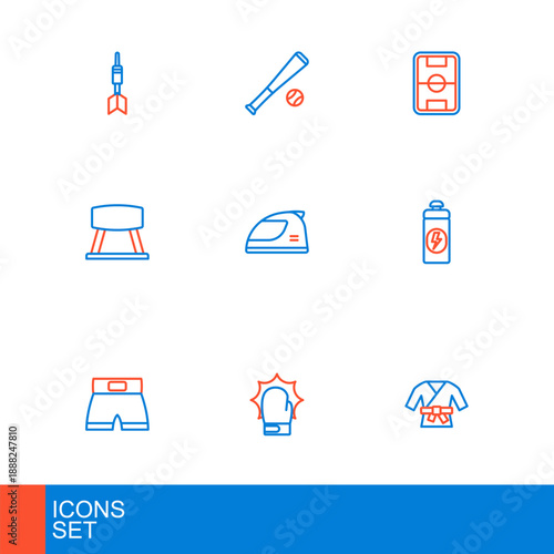Set line Kimono, Punch in boxing gloves, Boxing short, Fitness shaker, Pommel horse, Racing helmet, Football field and Baseball bat with icon. Vector