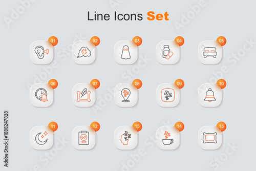 Set line Pillow, Chamomile tea, Dreams, Medical prescription, Moon and stars, Ringing bell, Sleepy and icon. Vector