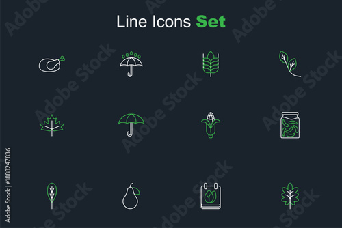 Set line Leaf, Calendar with autumn leaves, Pear, Pickled cucumbers in jar, Corn, Umbrella and Canadian maple leaf icon. Vector