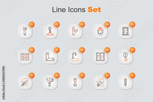 Set line Pencil with eraser, House wrench spanner, Wrench, Paint roller brush, trowel, Crane hook, Window room and Washbasin icon. Vector