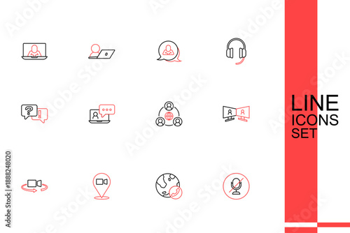 Set line Mute microphone, Video chat conference, 360 degree view, Meeting, and Question and Answer icon. Vector