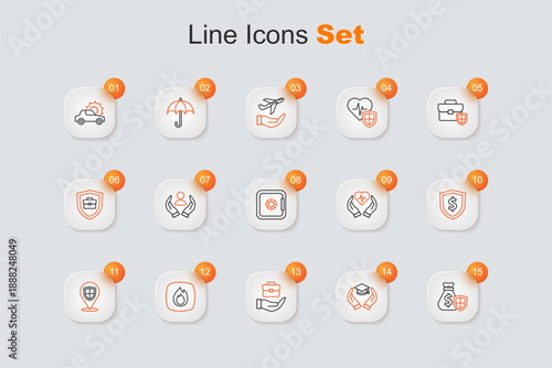 Set line Money bag with shield, Education grant, Hand holding briefcase, Fire flame, Location, Shield dollar, Life insurance and Safe icon. Vector