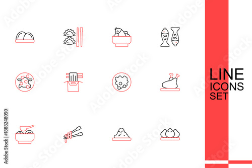Set line Dumpling, Rice a bowl, Food chopsticks with noodles, Ramen soup, Roasted turkey or chicken, Asian paper box and Kung Pao icon. Vector