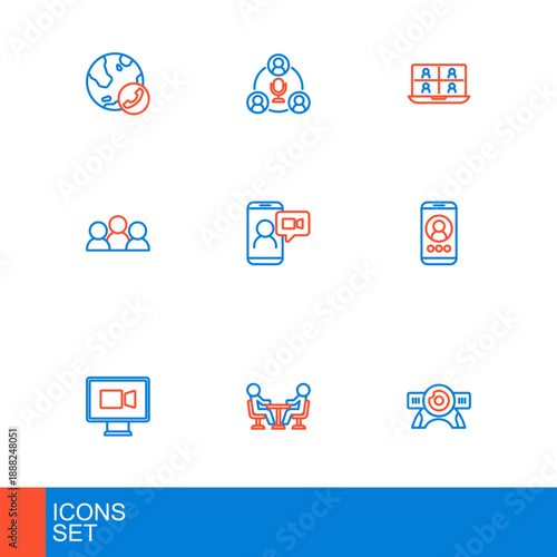 Set line Web camera, Meeting, Video chat conference, and icon. Vector
