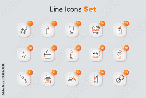 Set line Makeup powder with mirror, Shaving gel foam, Sunscreen cream tube, Perfume, Pipette oil, Smiling lips, and Essential bottle icon. Vector