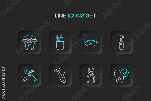 Set line Tooth, Dental pliers, drill, mirror and probe, Electric toothbrush, Safety goggle glasses, Toothbrush toothpaste and Teeth with braces icon. Vector