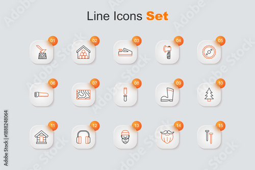 Set line Metallic nails, Mustache and beard, Lumberjack, Headphones, Dog house, Tree, Waterproof rubber boot and Chisel tool icon. Vector