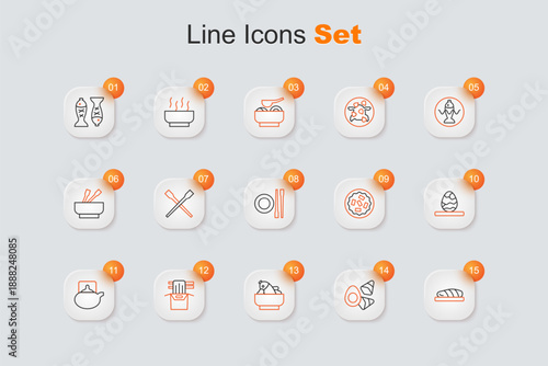 Set line Fish steak, Chicken egg with vegerables, Rice fish in bowl, Asian noodles paper box, Traditional ceremony, Chinese, Homemade pie and Food chopsticks plate icon. Vector