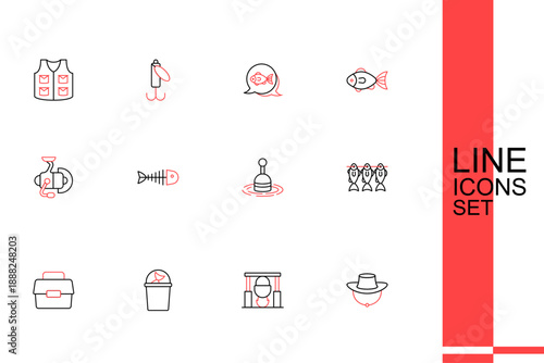 Set line Dried fish, Campfire and pot, Fisherman hat, Case or box for fishing, equipment, Fishing float water, skeleton and Spinning reel icon. Vector