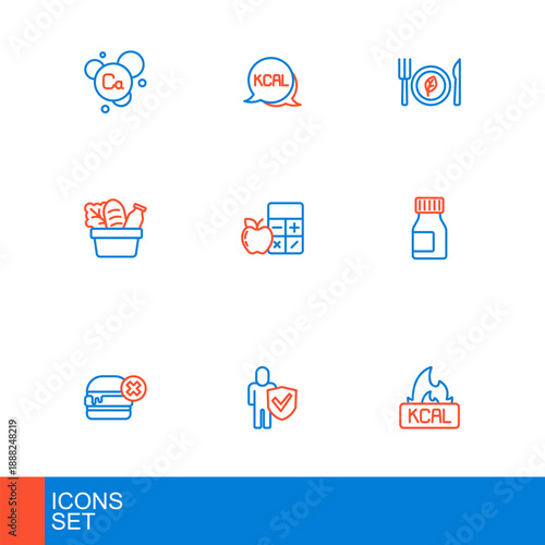 Set line Kcal, Healthy lifestyle, No burger, Vitamins, Shopping bag and food, Calorie calculator, Vegan diet and icon. Vector