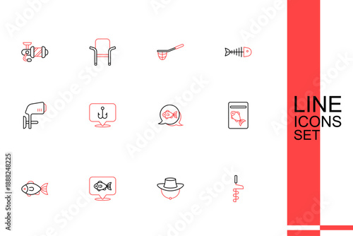 Set line Hand ice drill, Dried fish, Location fishing, Fish, Served plate, Fishing hook and Outboard boat motor icon. Vector