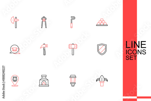 Set line Classic iron fence, Garden light lamp, Blacksmith oven, Horseshoe, Shield, Sledgehammer, Hammer and anvil tool icon. Vector