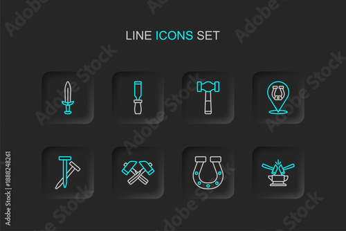 Set line Anvil and hammer, Horseshoe, Crossed, Metallic nails, Hammer, Rasp metal file and Medieval sword icon. Vector