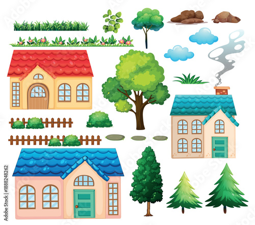 house, home, building, vector, cartoon, architecture, illustration, tree, icon, landscape, city, design, town, village, summer, door, estate, construction, sky, set, small, nature, cottage, real, roof