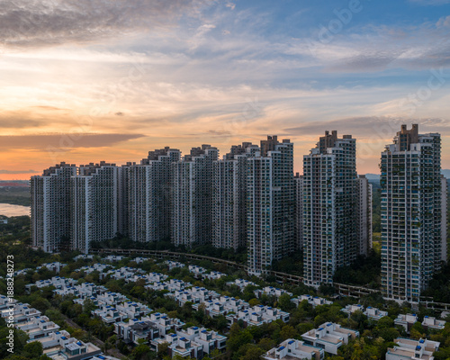 Aerial panoramic view of Forest City during the sunset.