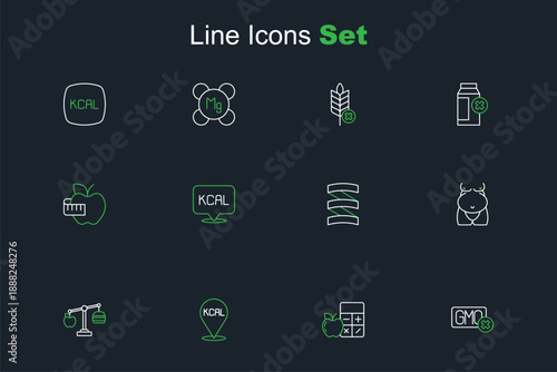 Set line No GMO, Calorie calculator, Kcal, Obesity, Sports nutrition proteine, and Apple and measuring tape icon. Vector