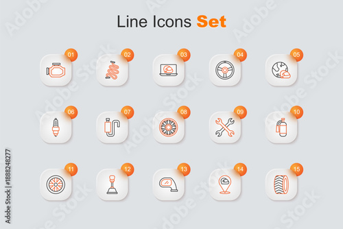 Set line Car tire wheel, Racing helmet, mirror, Gear shifter, Stopwatch, Fire extinguisher, Wrench spanner and Alloy for car icon. Vector