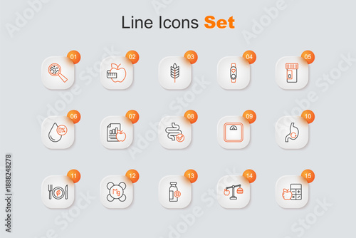 Set line Calorie calculator, Lactose intolerance, Magnesium, Vegan food diet, Human stomach health, Bathroom scales and Intestines icon. Vector