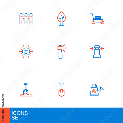 Set line Watering can, Shovel, Automatic irrigation sprinklers, Sun, Wooden axe, Lawn mower and Tree icon. Vector