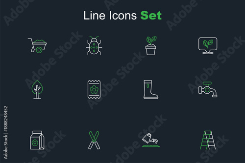 Set line Wooden staircase, Watering can, Gardening scissors, Pack full of seeds, tap, Waterproof rubber boot, and Tree icon. Vector
