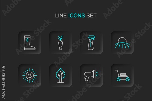 Set line Lawn mower, Garden hose, Tree, Sun, Sunrise, sprayer for water, Carrot and Waterproof rubber boot icon. Vector