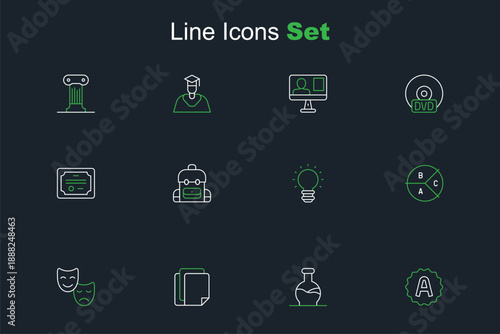 Set line Exam sheet with A plus grade, Test tube, File document, Comedy and tragedy masks, Pie chart infographic, Creative lamp light idea, School backpack and Certificate template icon. Vector